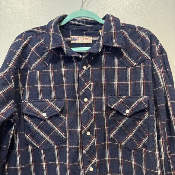 Vintage Big Mac Pearl Snap Flannel Shirt Navy Plaid 100% Cotton Western Mens XLT - Picture 5 of 7